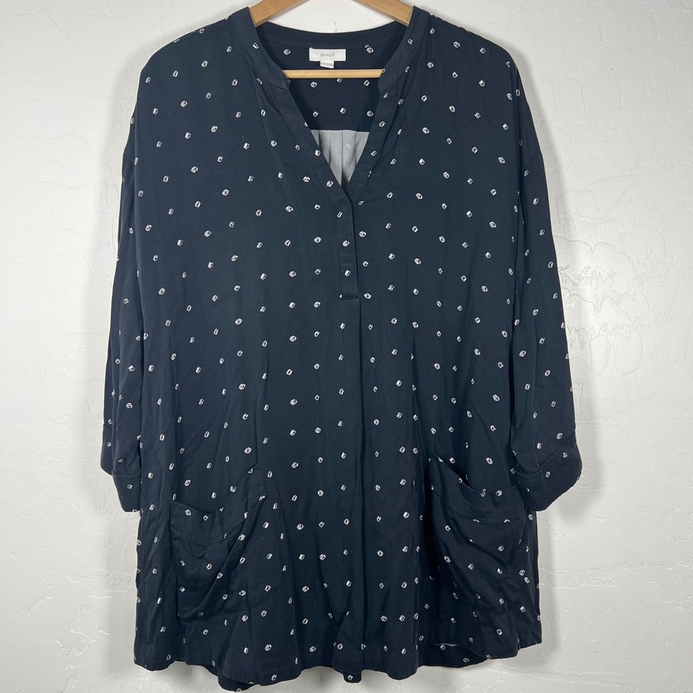 Pure Jill Women L Black White Dot Viscose Tunic Top Snap V-Neck Pockets